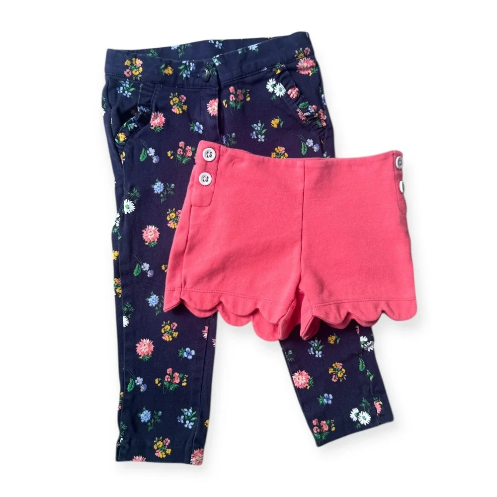 Janie and Jack Girls Size 3 Floral Navy Pants and Coral Scalloped Shorts Bundle